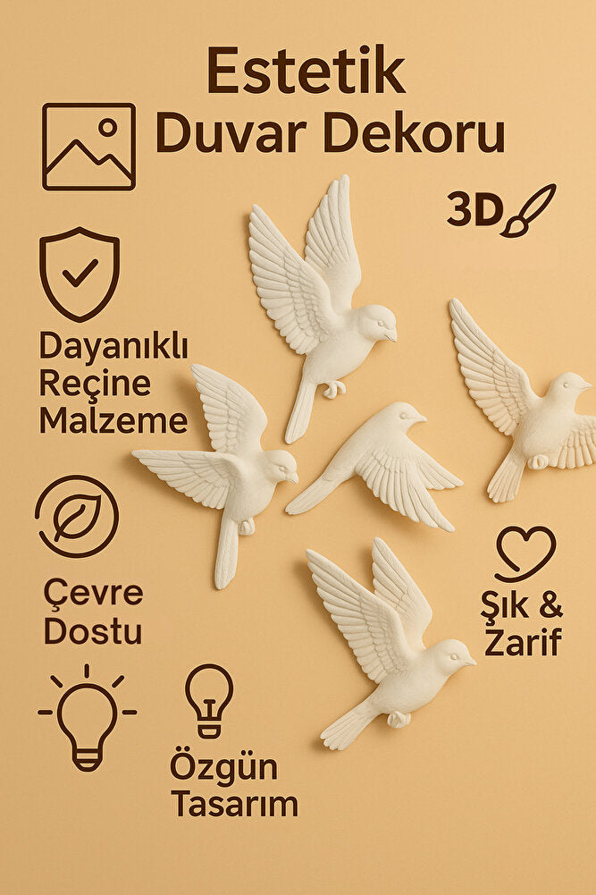 4’lü 3D Kuş Duvar Dekoru Dekoratif Reçine Dekor Modern, Bohem Duvar Dekoru Ev, Ofis Süsleme
