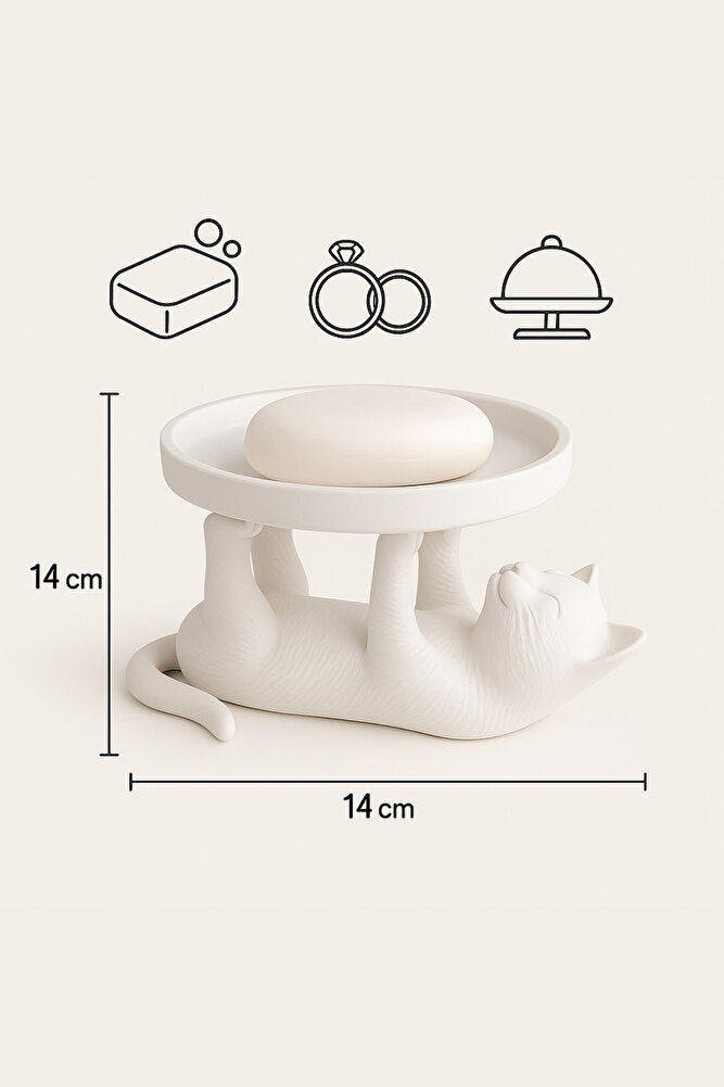 Dekoratif Beyaz Kedi Figürlü Takı, Sunumluk, Tatlı Tabağı, Masaüstü Organizer, Mumluk 14 x 14 cm