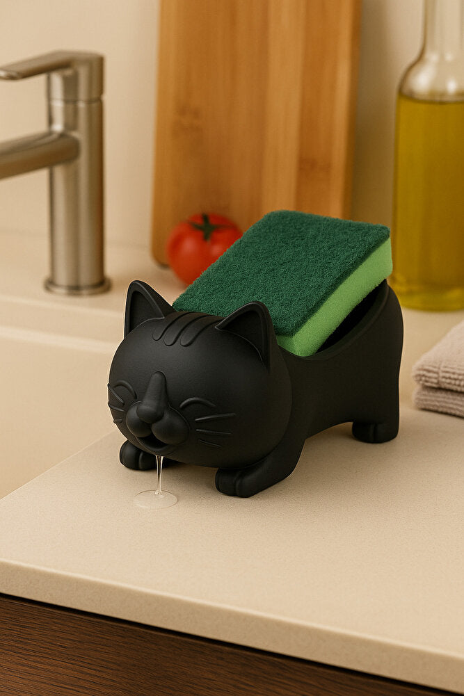 Dekoratif Kedi Figürlü Sabunluk & Süngerlik Şık ve Sevimli Banyo, Mutfak Aksesuarı Çok Amaçlı