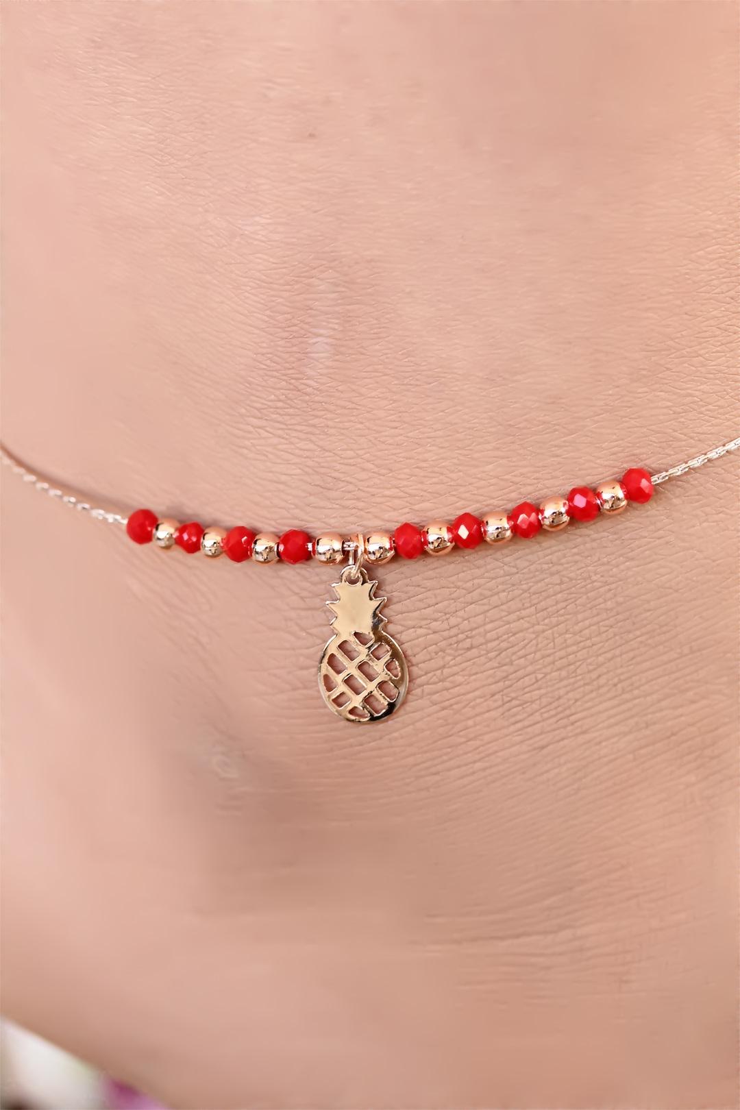 Kırmızı Renk Miyuki Taşlı Ananas Figürlü Metal Hal Hal