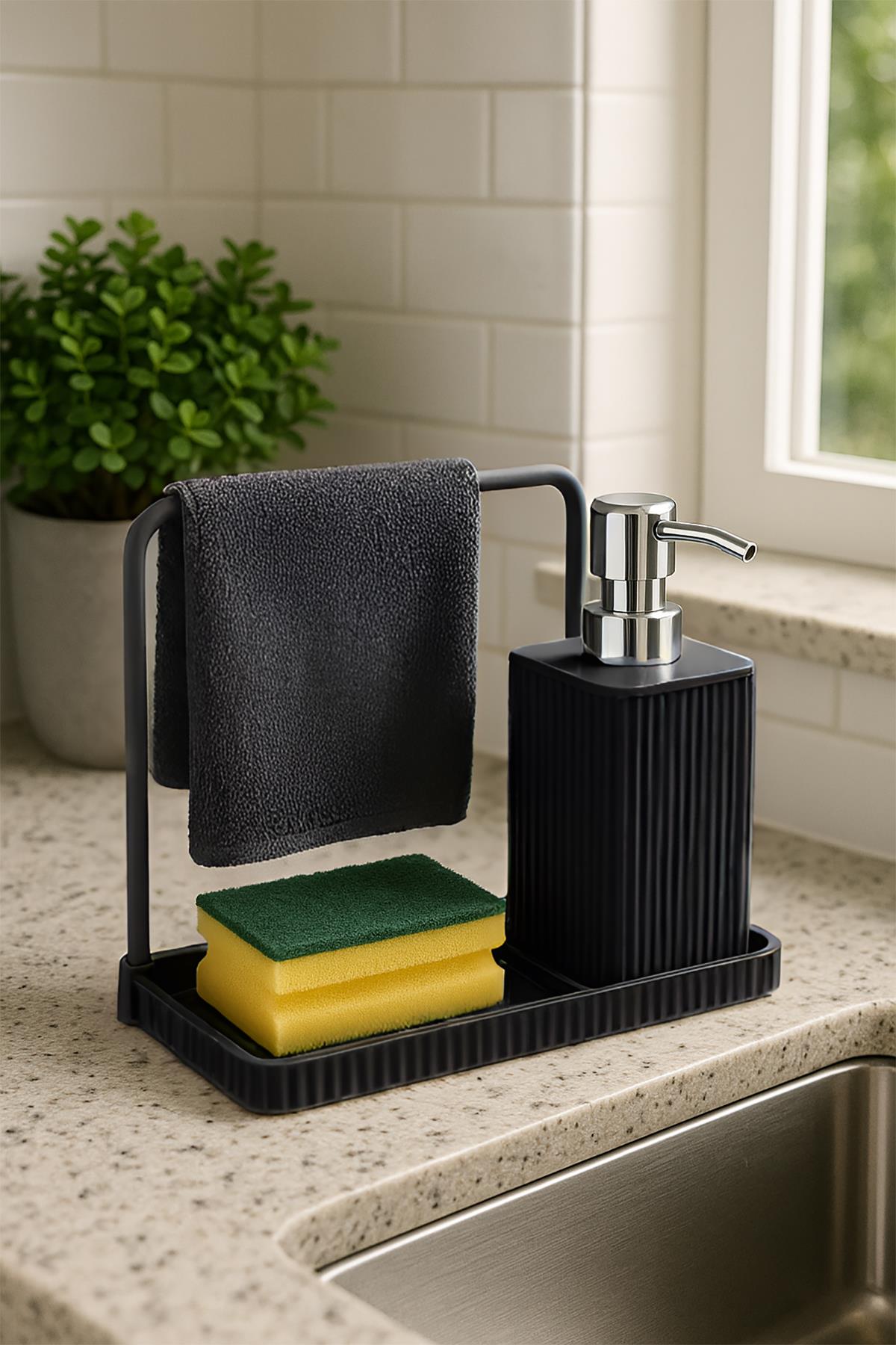 Havluluklu Sıvı Sabunluk & Havlu Asma Aparatlı Sıvı Sabunluk Siyah 400 ml