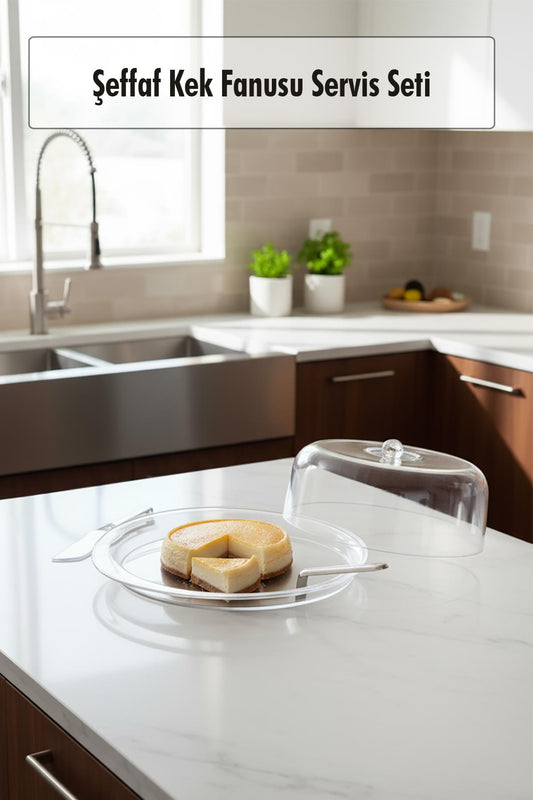 Şeffaf Akrilik Kek Fanusu ve Servis Seti – 33 x 39 x 14 cm (4 Parça)