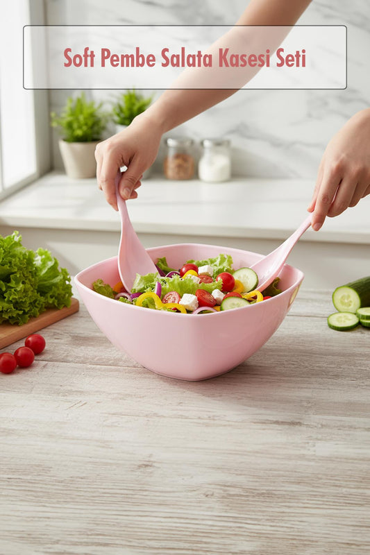 3,5 Lt Soft Pembe Akrilik Kare Salata ve Servis Kasesi Seti – 3 Parça