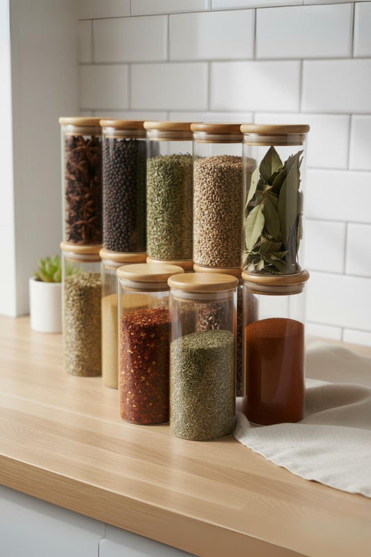 12’li Bambu Kapaklı Cam Kavanoz Baharatlık Saklama Düzenleme Kavanozu 450 ml
