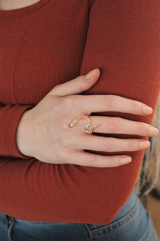 Ayarlanabilir Altın Renk Zirkon Taşlı Yılan Yüzük