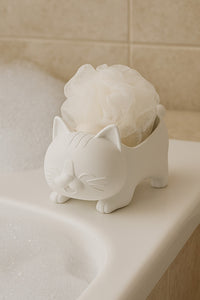 Dekoratif Kedi Figürlü Sabunluk & Süngerlik Şık ve Sevimli Banyo, Mutfak Aksesuarı Çok Amaçlı