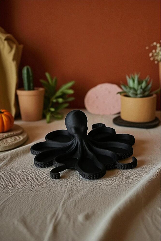 Siyah Ahtapot Figürlü Sunumluk Banyo Sabunluk, Kahvaltı Tabağı, Takı Organizeri, Mumluk 14 x 14 cm