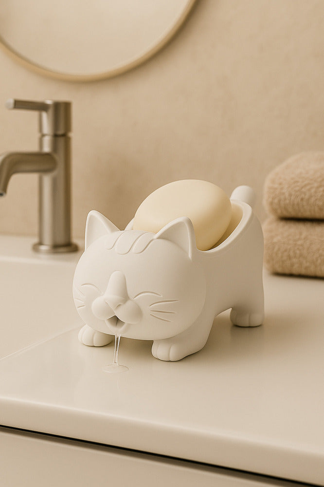 Dekoratif Kedi Figürlü Sabunluk & Süngerlik Şık ve Sevimli Banyo, Mutfak Aksesuarı Çok Amaçlı
