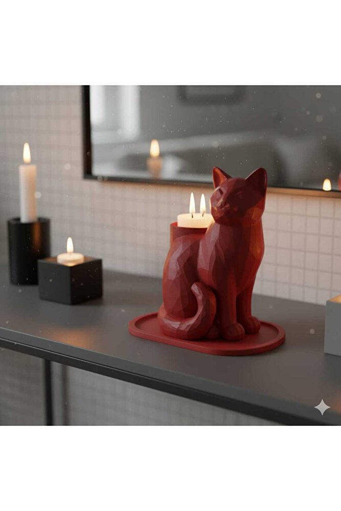 Kırmızı Mozaik Dekoratif Kedi Biblo Led Mumlu Şık Ev Ofis Masa Üstü Aksesuar Mumluk (led Mum Hediye)