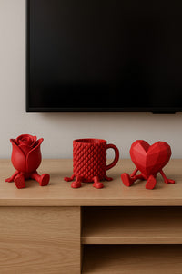 Dekoratif Kalp Gül Ve Kahve Figürü Kahve Sever Obje 3'lü Set 9 X 7 Cm