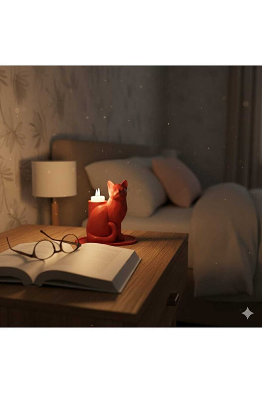 Kırmızı Mozaik Dekoratif Kedi Biblo Led Mumlu Şık Ev Ofis Masa Üstü Aksesuar Mumluk (led Mum Hediye)