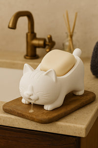 Dekoratif Kedi Figürlü Sabunluk & Süngerlik Şık ve Sevimli Banyo, Mutfak Aksesuarı Çok Amaçlı