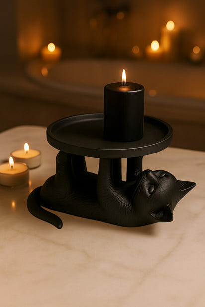 Siyah Kedi Figürlü Sunumluk Banyo Sabunluk, Kahvaltı Tabağı, Takı Organizeri, Mumluk 14 x 14 cm