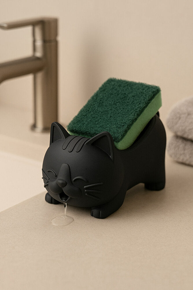 Dekoratif Kedi Figürlü Sabunluk & Süngerlik Şık ve Sevimli Banyo, Mutfak Aksesuarı Çok Amaçlı