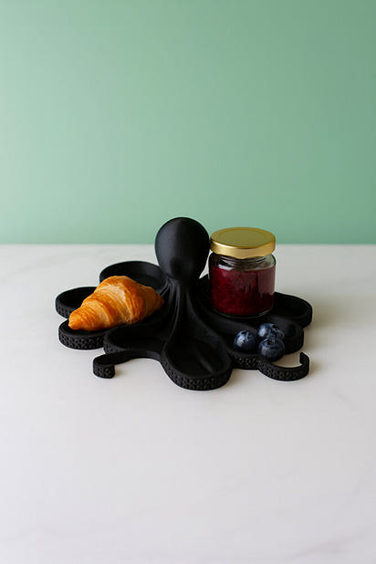 Siyah Ahtapot Figürlü Sunumluk Banyo Sabunluk, Kahvaltı Tabağı, Takı Organizeri, Mumluk 14 x 14 cm