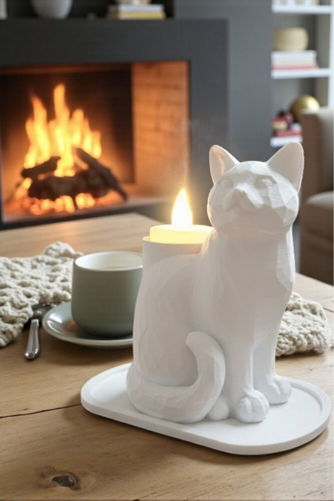 Beyaz Mozaik Dekoratif Kedi Biblo Led Mumlu Şık Ev Ofis Masa Üstü Aksesuar Mumluk (led Mum Hediye)