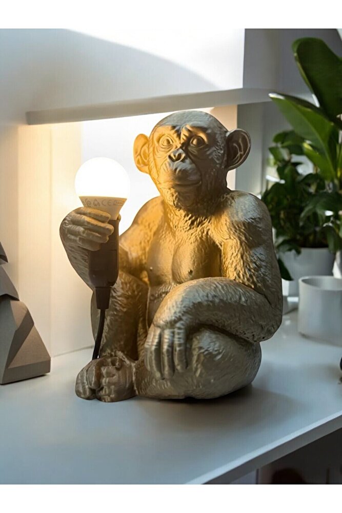 Bronz Renkli Maymun Tasarımlı Dekoratif Lamba Ve Gece Lambası (AMPUL HEDİYEDİR) 35 X 30 Cm