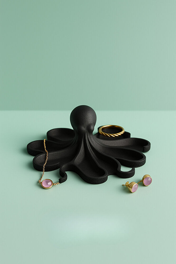 Siyah Ahtapot Figürlü Sunumluk Banyo Sabunluk, Kahvaltı Tabağı, Takı Organizeri, Mumluk 14 x 14 cm