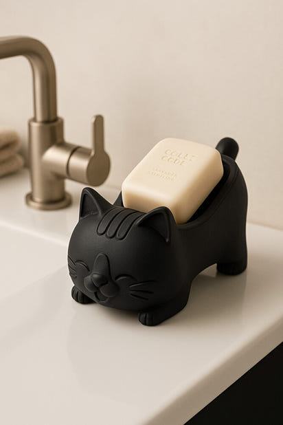 Dekoratif Kedi Figürlü Sabunluk & Süngerlik Şık ve Sevimli Banyo, Mutfak Aksesuarı Çok Amaçlı