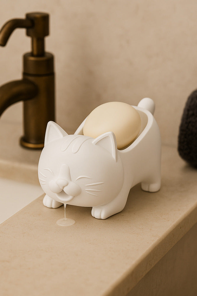 Dekoratif Kedi Figürlü Sabunluk & Süngerlik Şık ve Sevimli Banyo, Mutfak Aksesuarı Çok Amaçlı