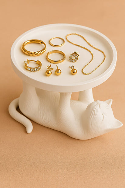Dekoratif Beyaz Kedi Figürlü Takı, Sunumluk, Tatlı Tabağı, Masaüstü Organizer, Mumluk 14 x 14 cm