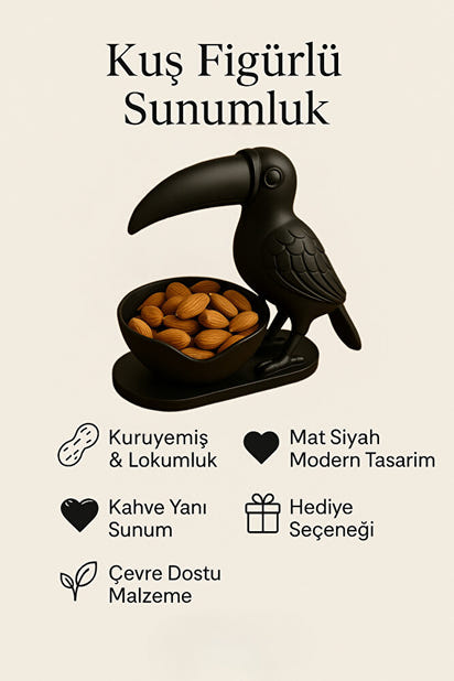 3D Siyah Kuş Figürlü Kuruyemiş, Kahve Yanı Sunum, Takı Organizeri, Anahtarlık Çok Amaçlı 15 x 12 cm