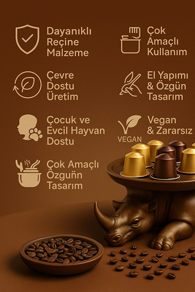 Dekoratif Gergedan Sunumluk Çok Amaçlı Pratik Ev Gereçleri Kahve (Vegan Üretim)