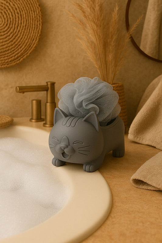 Dekoratif Kedi Figürlü Sabunluk & Süngerlik Şık ve Sevimli Banyo, Mutfak Aksesuarı Çok Amaçlı