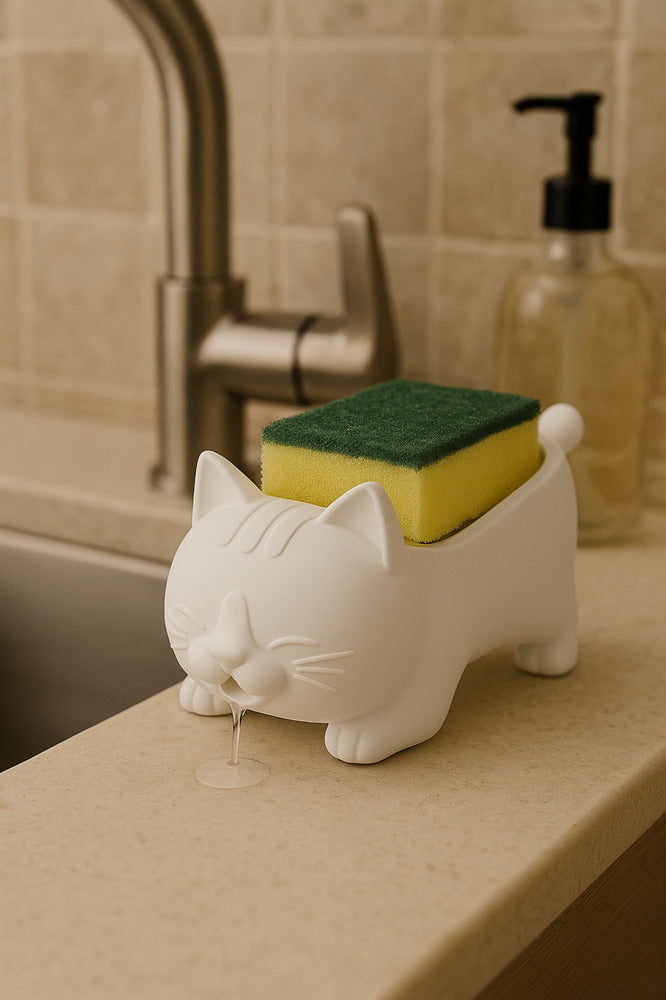 Dekoratif Kedi Figürlü Sabunluk & Süngerlik Şık ve Sevimli Banyo, Mutfak Aksesuarı Çok Amaçlı