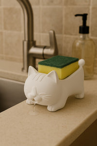 Dekoratif Kedi Figürlü Sabunluk & Süngerlik Şık ve Sevimli Banyo, Mutfak Aksesuarı Çok Amaçlı