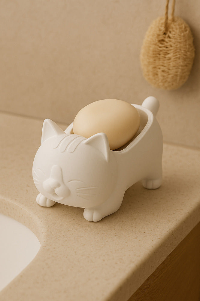 Dekoratif Kedi Figürlü Sabunluk & Süngerlik Şık ve Sevimli Banyo, Mutfak Aksesuarı Çok Amaçlı