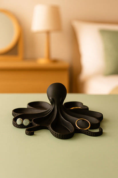 Siyah Ahtapot Figürlü Sunumluk Banyo Sabunluk, Kahvaltı Tabağı, Takı Organizeri, Mumluk 14 x 14 cm