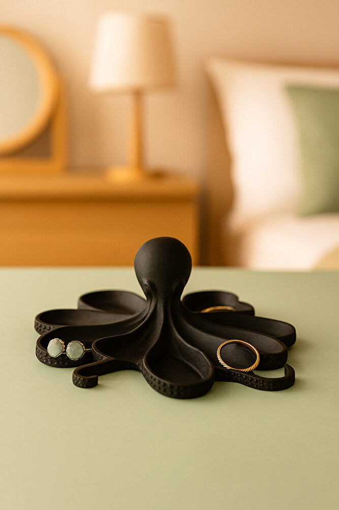 Siyah Ahtapot Figürlü Sunumluk Banyo Sabunluk, Kahvaltı Tabağı, Takı Organizeri, Mumluk 14 x 14 cm