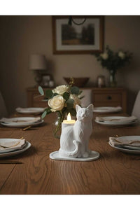 Beyaz Mozaik Dekoratif Kedi Biblo Led Mumlu Şık Ev Ofis Masa Üstü Aksesuar Mumluk (led Mum Hediye)