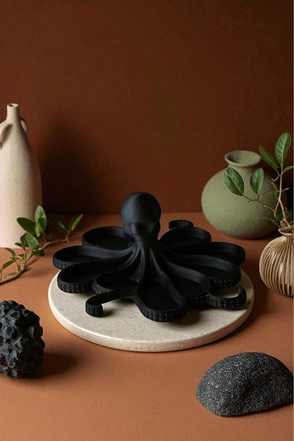 Siyah Ahtapot Figürlü Sunumluk Banyo Sabunluk, Kahvaltı Tabağı, Takı Organizeri, Mumluk 14 x 14 cm