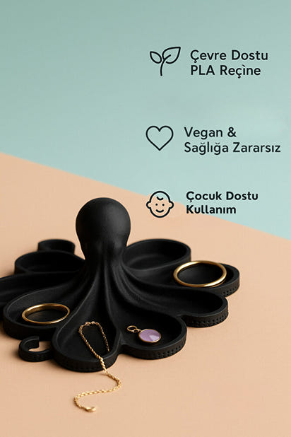 Siyah Ahtapot Figürlü Sunumluk Banyo Sabunluk, Kahvaltı Tabağı, Takı Organizeri, Mumluk 14 x 14 cm