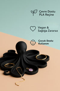 Siyah Ahtapot Figürlü Sunumluk Banyo Sabunluk, Kahvaltı Tabağı, Takı Organizeri, Mumluk 14 x 14 cm