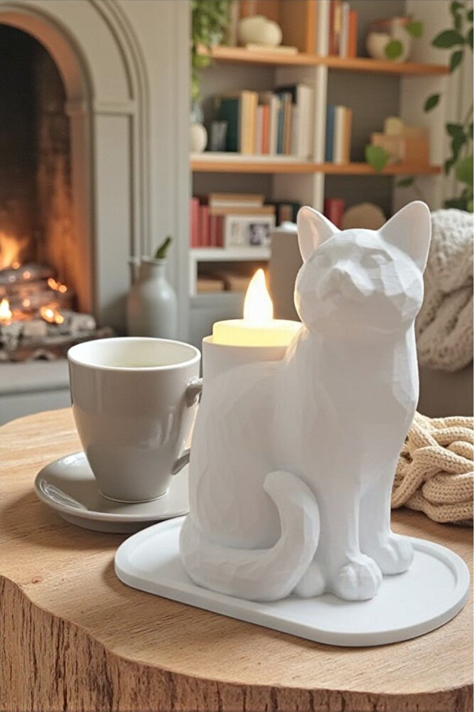 Beyaz Mozaik Dekoratif Kedi Biblo Led Mumlu Şık Ev Ofis Masa Üstü Aksesuar Mumluk (led Mum Hediye)
