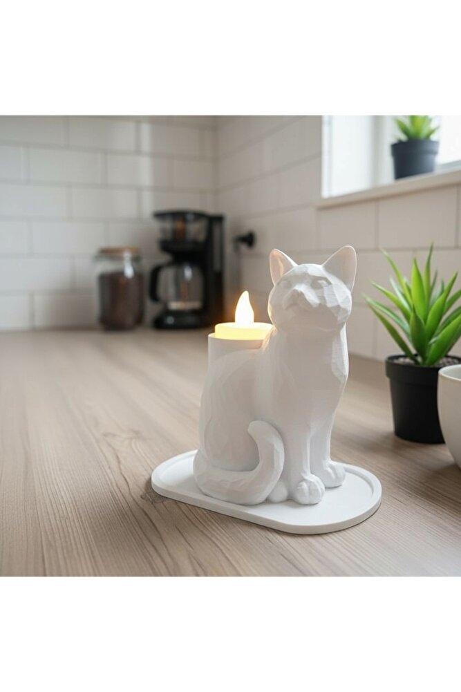 Beyaz Mozaik Dekoratif Kedi Biblo Led Mumlu Şık Ev Ofis Masa Üstü Aksesuar Mumluk (led Mum Hediye)