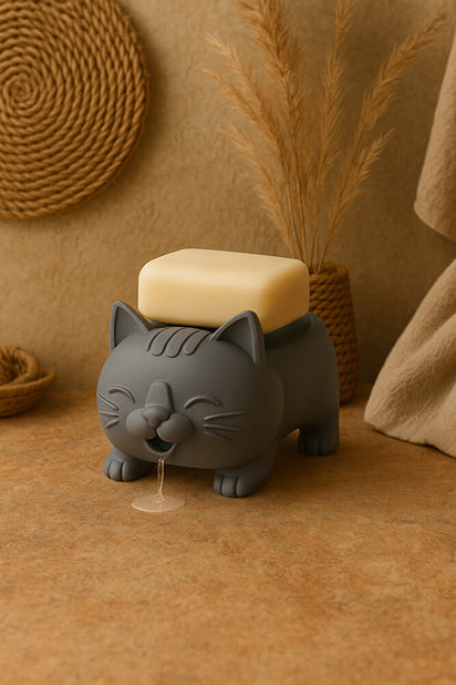 Dekoratif Kedi Figürlü Sabunluk & Süngerlik Şık ve Sevimli Banyo, Mutfak Aksesuarı Çok Amaçlı