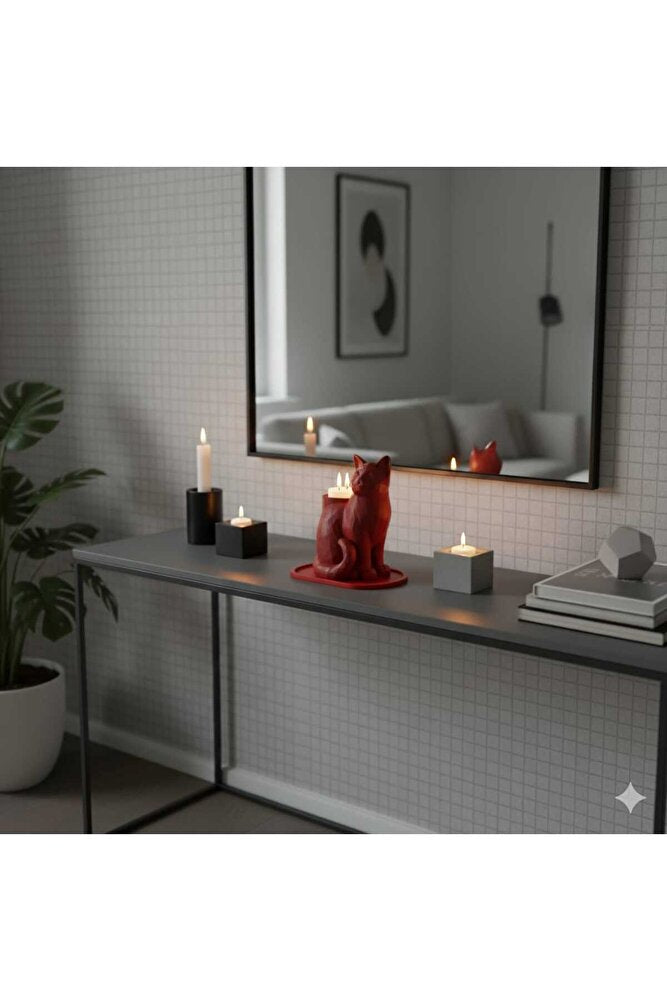 Kırmızı Mozaik Dekoratif Kedi Biblo Led Mumlu Şık Ev Ofis Masa Üstü Aksesuar Mumluk (led Mum Hediye)