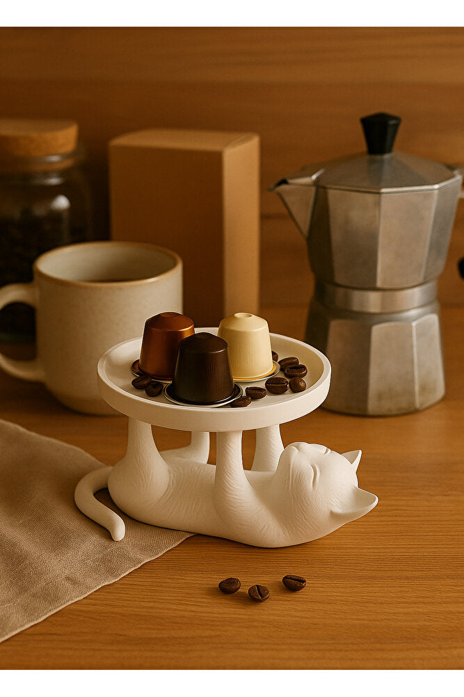 Dekoratif Beyaz Kedi Figürlü Takı, Sunumluk, Tatlı Tabağı, Masaüstü Organizer, Mumluk 14 x 14 cm