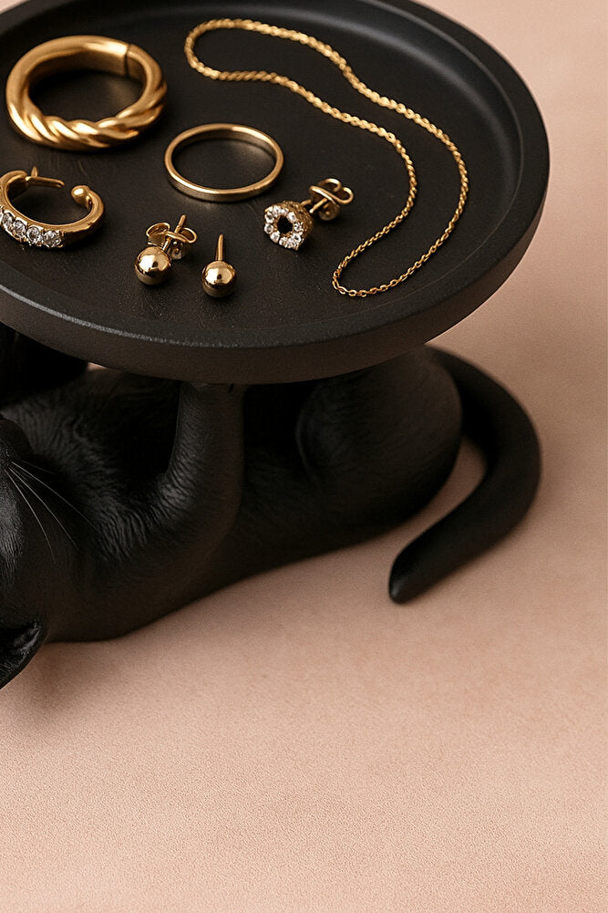 Siyah Kedi Figürlü Sunumluk Banyo Sabunluk, Kahvaltı Tabağı, Takı Organizeri, Mumluk 14 x 14 cm