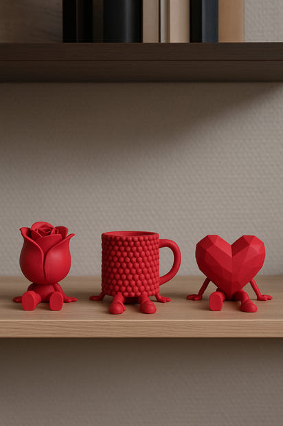 Dekoratif Kalp Gül Ve Kahve Figürü Kahve Sever Obje 3'lü Set 9 X 7 Cm