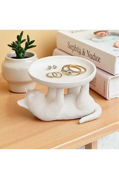 Dekoratif Beyaz Kedi Figürlü Takı, Sunumluk, Tatlı Tabağı, Masaüstü Organizer, Mumluk 14 x 14 cm