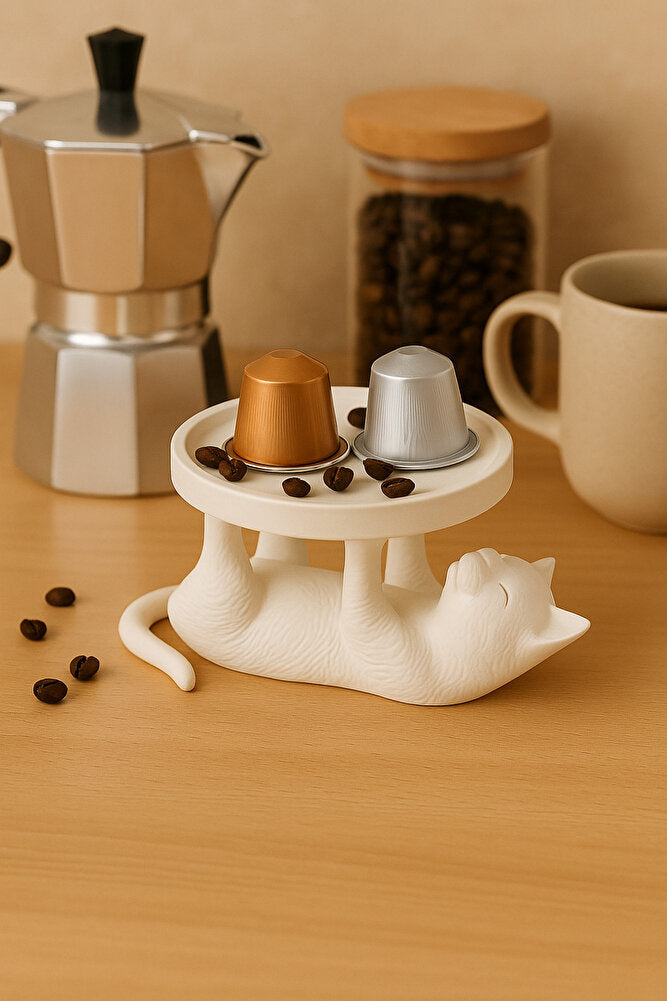 Dekoratif Beyaz Kedi Figürlü Takı, Sunumluk, Tatlı Tabağı, Masaüstü Organizer, Mumluk 14 x 14 cm