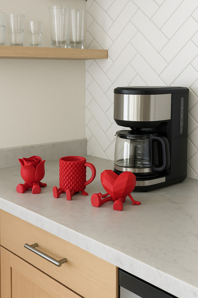 Dekoratif Kalp Gül Ve Kahve Figürü Kahve Sever Obje 3'lü Set 9 X 7 Cm