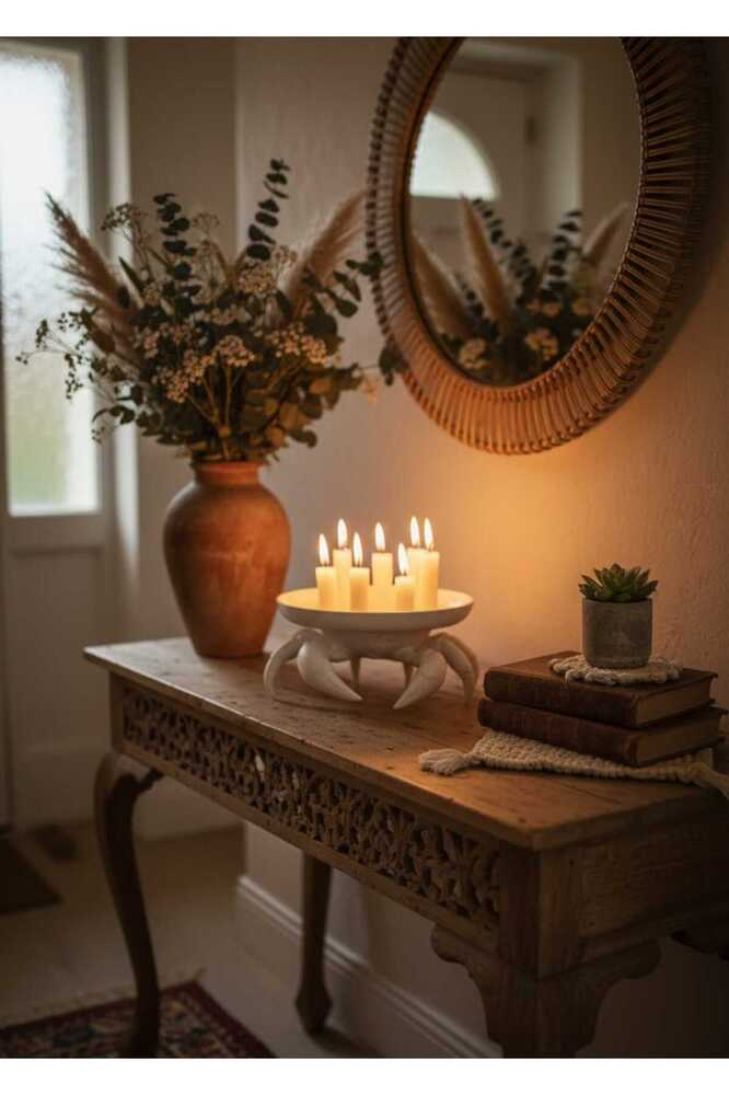 Dekoratif Beyaz Yengeç Kıskaç Tasarım Sunumluk Takı Mum Şeker Vegan Üretim 16 x 16 cm