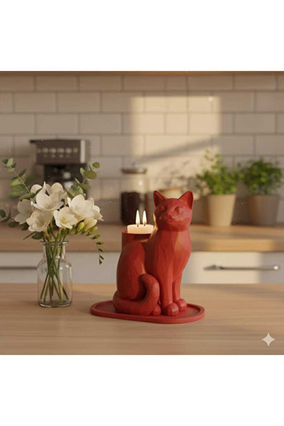 Kırmızı Mozaik Dekoratif Kedi Biblo Led Mumlu Şık Ev Ofis Masa Üstü Aksesuar Mumluk (led Mum Hediye)