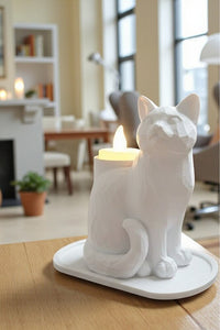 Beyaz Mozaik Dekoratif Kedi Biblo Led Mumlu Şık Ev Ofis Masa Üstü Aksesuar Mumluk (led Mum Hediye)